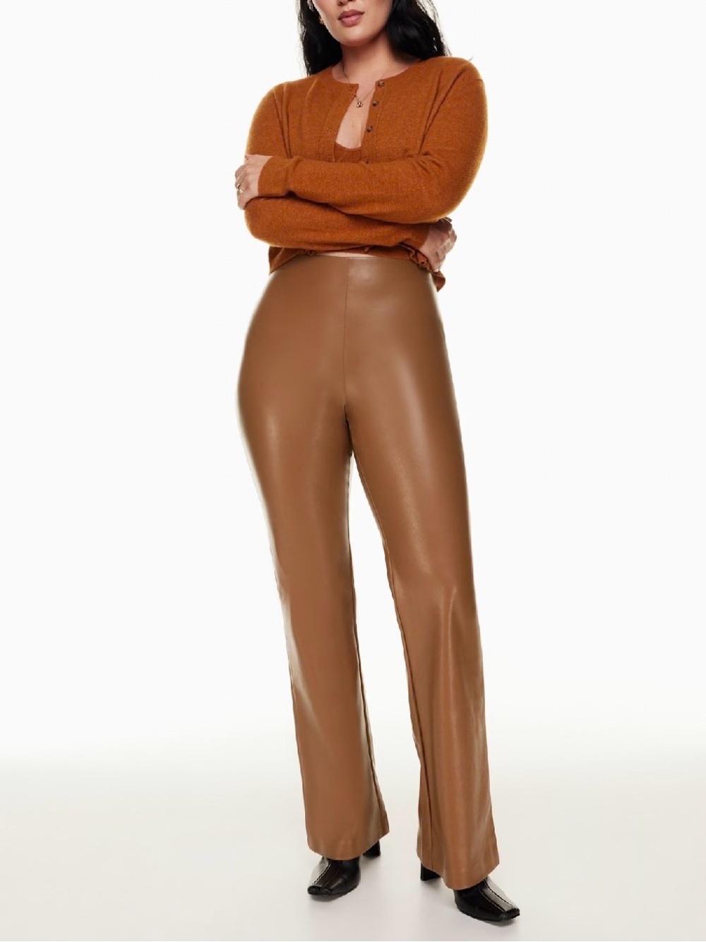 Aritzia WILFRED Roma Flared Vegan Leather Pants, Cognac Brown